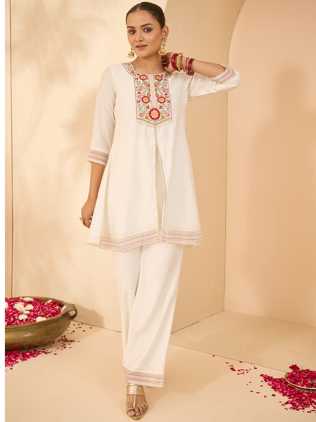 Janasya Women's White Chanderi Silk Yoke Embroidered A-Line Front Slit Co-Ord Set