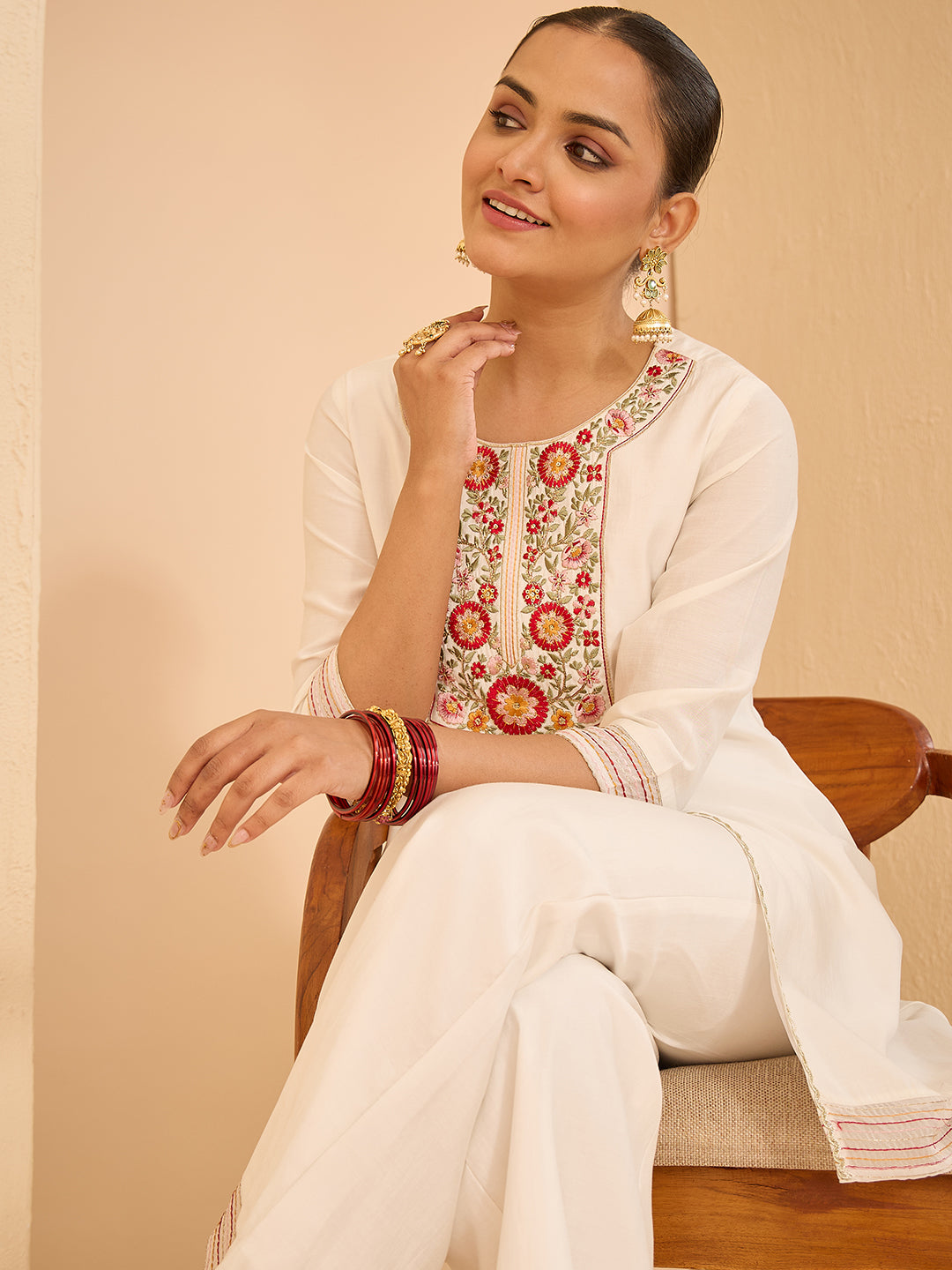 Janasya Women's White Chanderi Silk Yoke Embroidered A-Line Front Slit Co-Ord Set