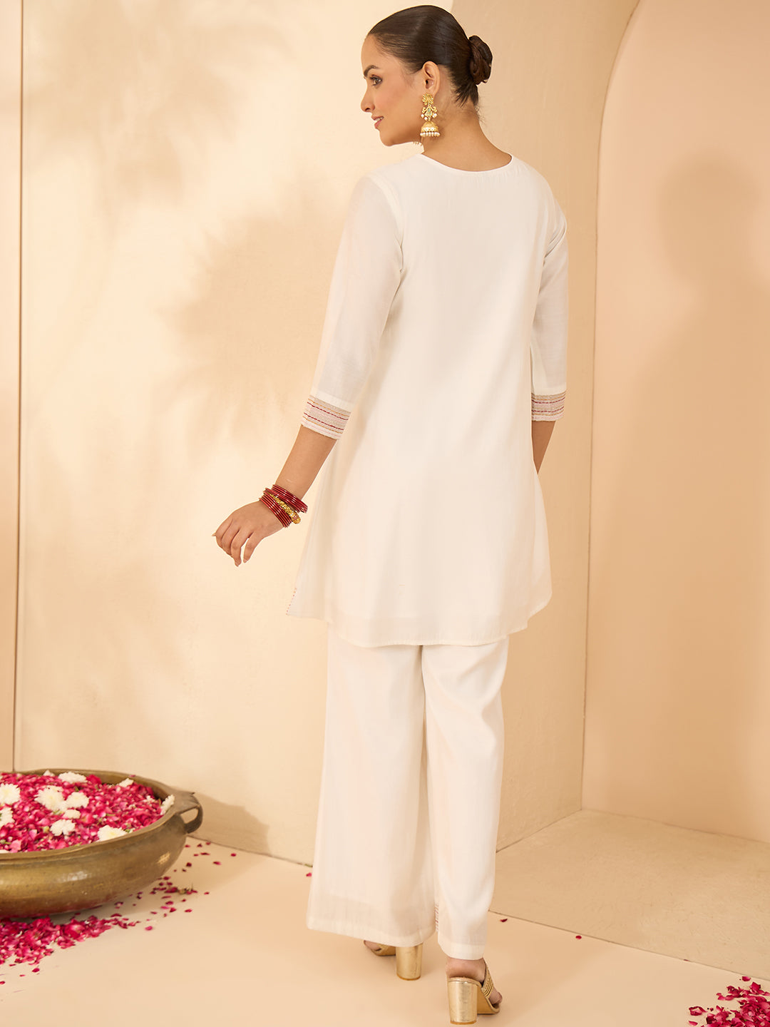 Janasya Women's White Chanderi Silk Yoke Embroidered A-Line Front Slit Co-Ord Set