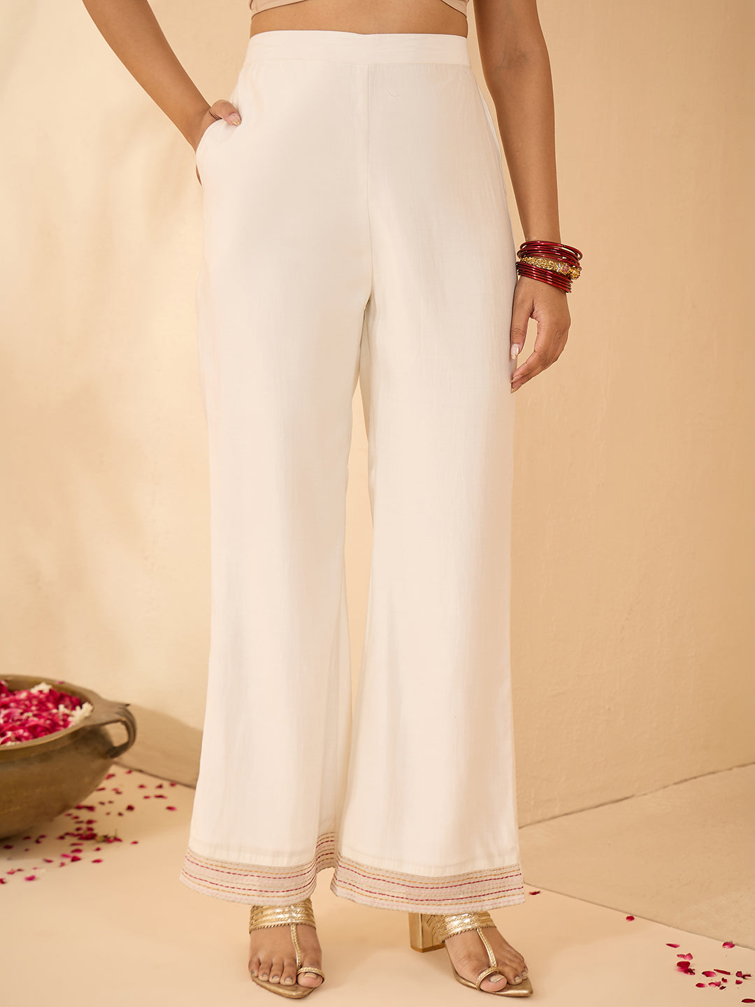 Janasya Women's White Chanderi Silk Yoke Embroidered A-Line Front Slit Co-Ord Set