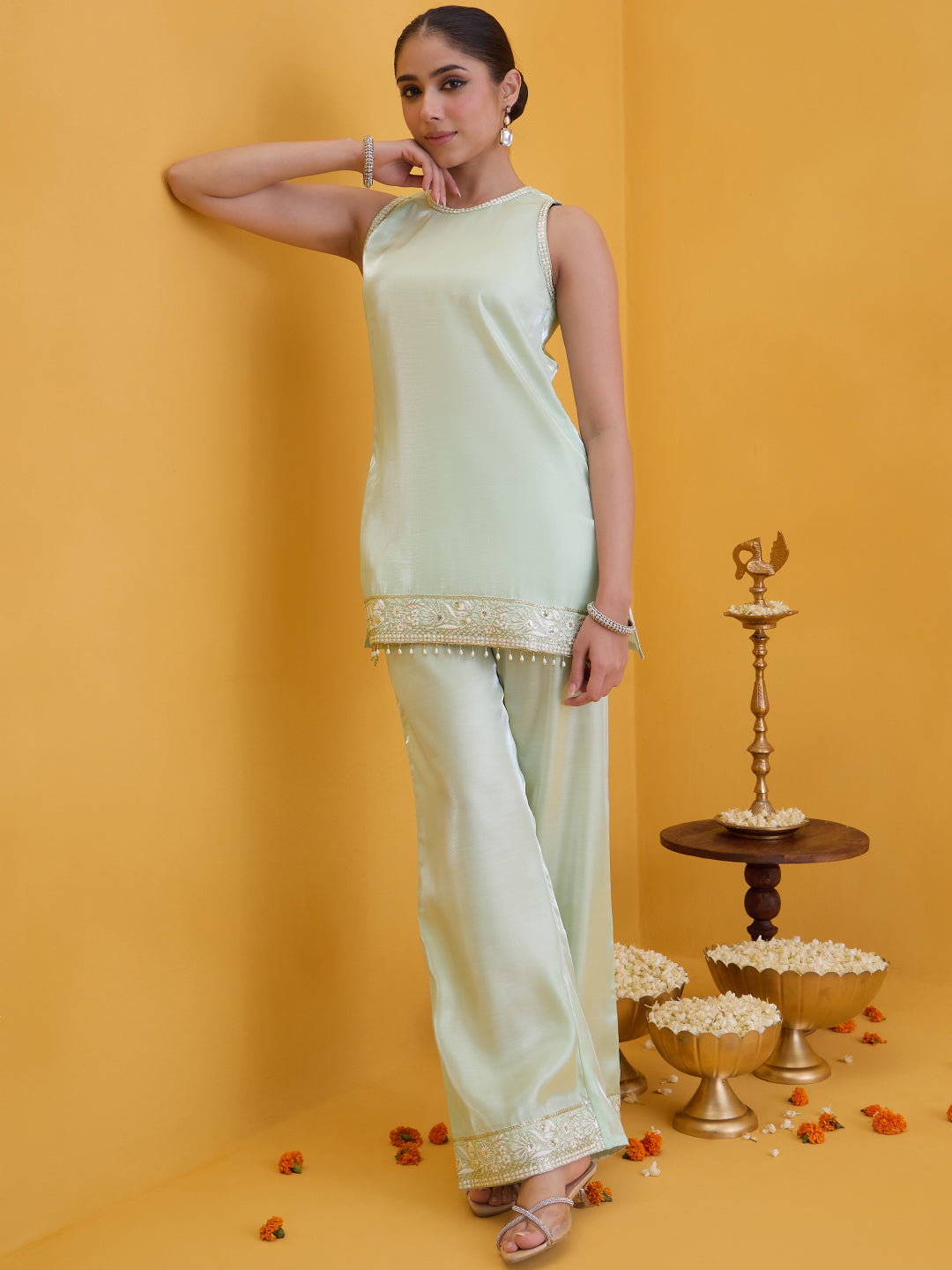 Janasya Women's Mint Green Silk Blend Floral Embroidered Straight Co-Ord Set