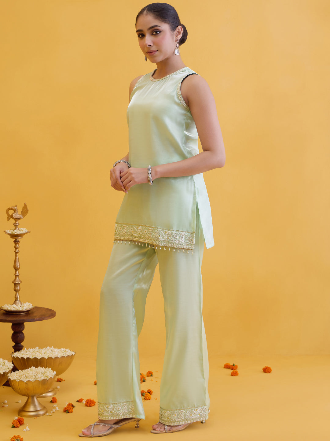 Janasya Women's Mint Green Silk Blend Floral Embroidered Straight Co-Ord Set
