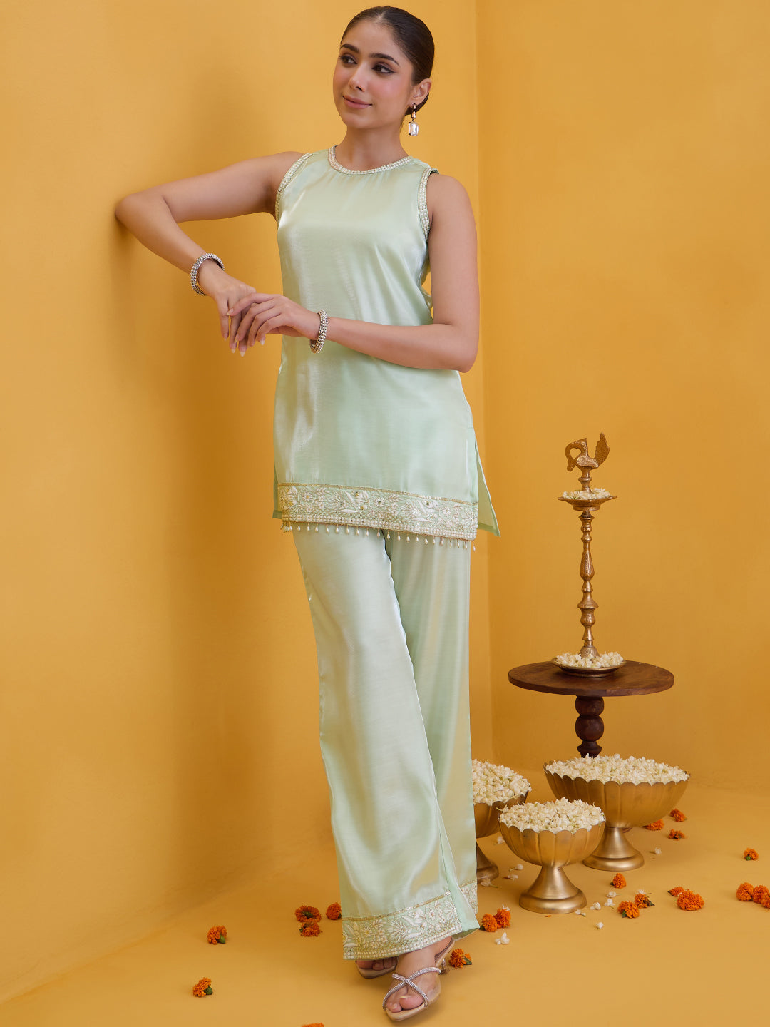 Janasya Women's Mint Green Silk Blend Floral Embroidered Straight Co-Ord Set