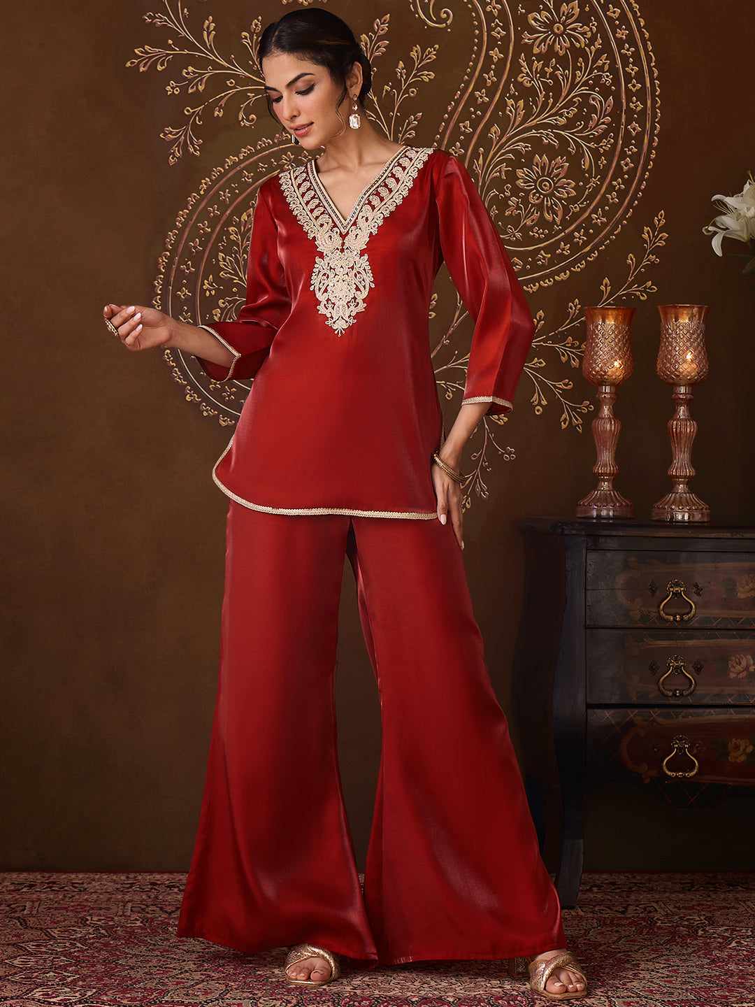 Janasya Women's Rust Silk Blend Yoke Embroidered Straight Co-Ord Set
