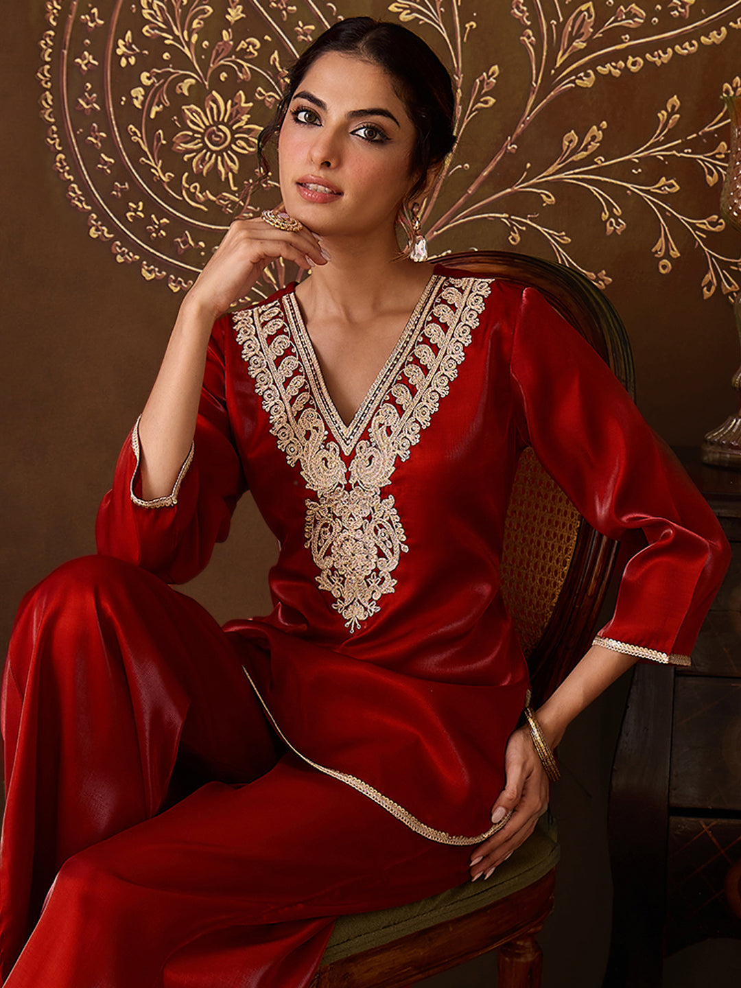 Janasya Women's Rust Silk Blend Yoke Embroidered Straight Co-Ord Set
