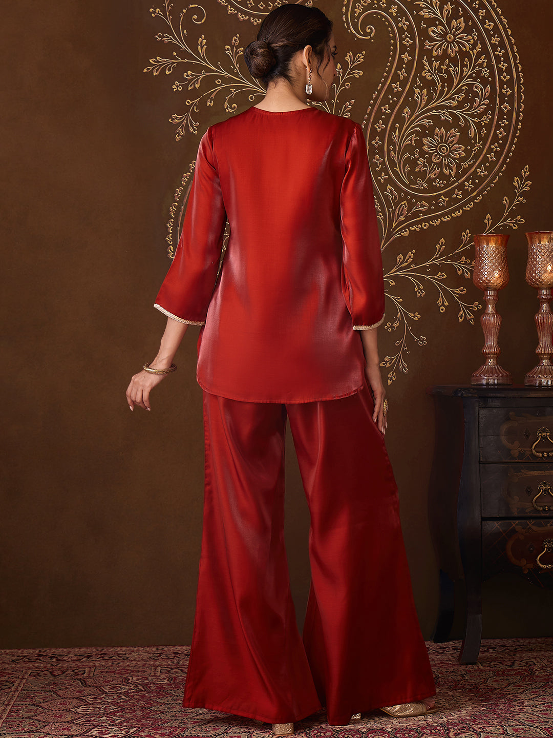 Janasya Women's Rust Silk Blend Yoke Embroidered Straight Co-Ord Set