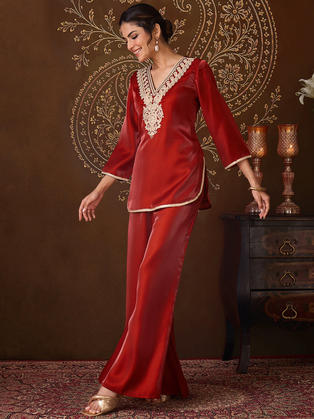 Janasya Women's Rust Silk Blend Yoke Embroidered Straight Co-Ord Set