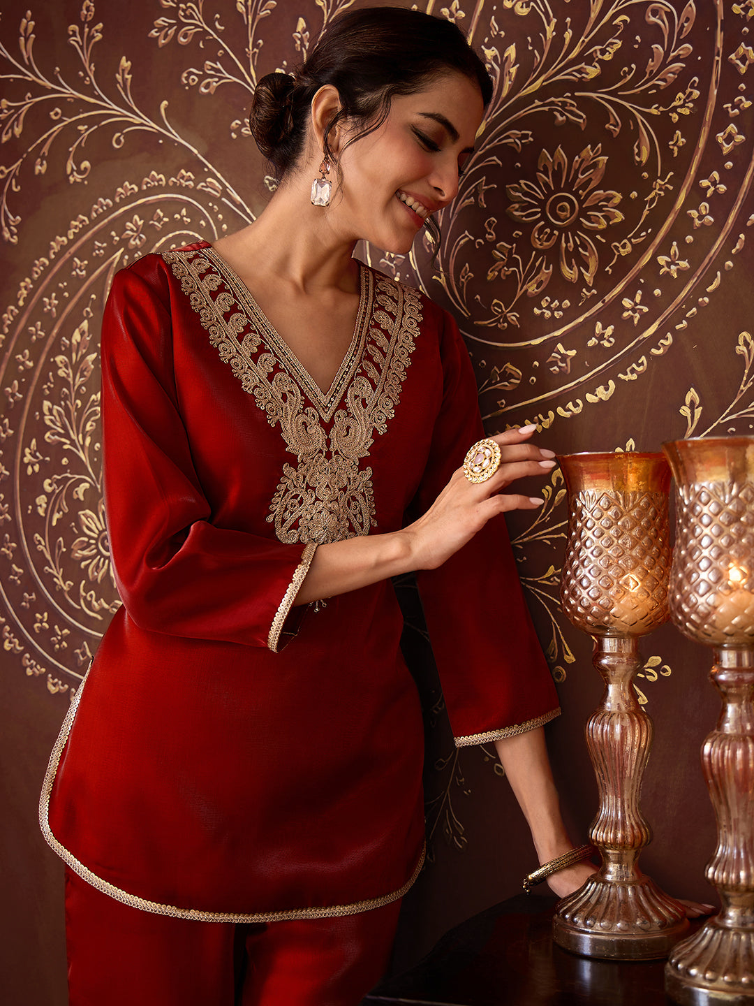 Janasya Women's Rust Silk Blend Yoke Embroidered Straight Co-Ord Set