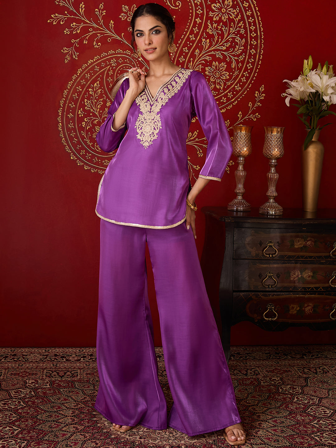Janasya Women's Purple Silk Blend Yoke Embroidered Straight Co-Ord Set