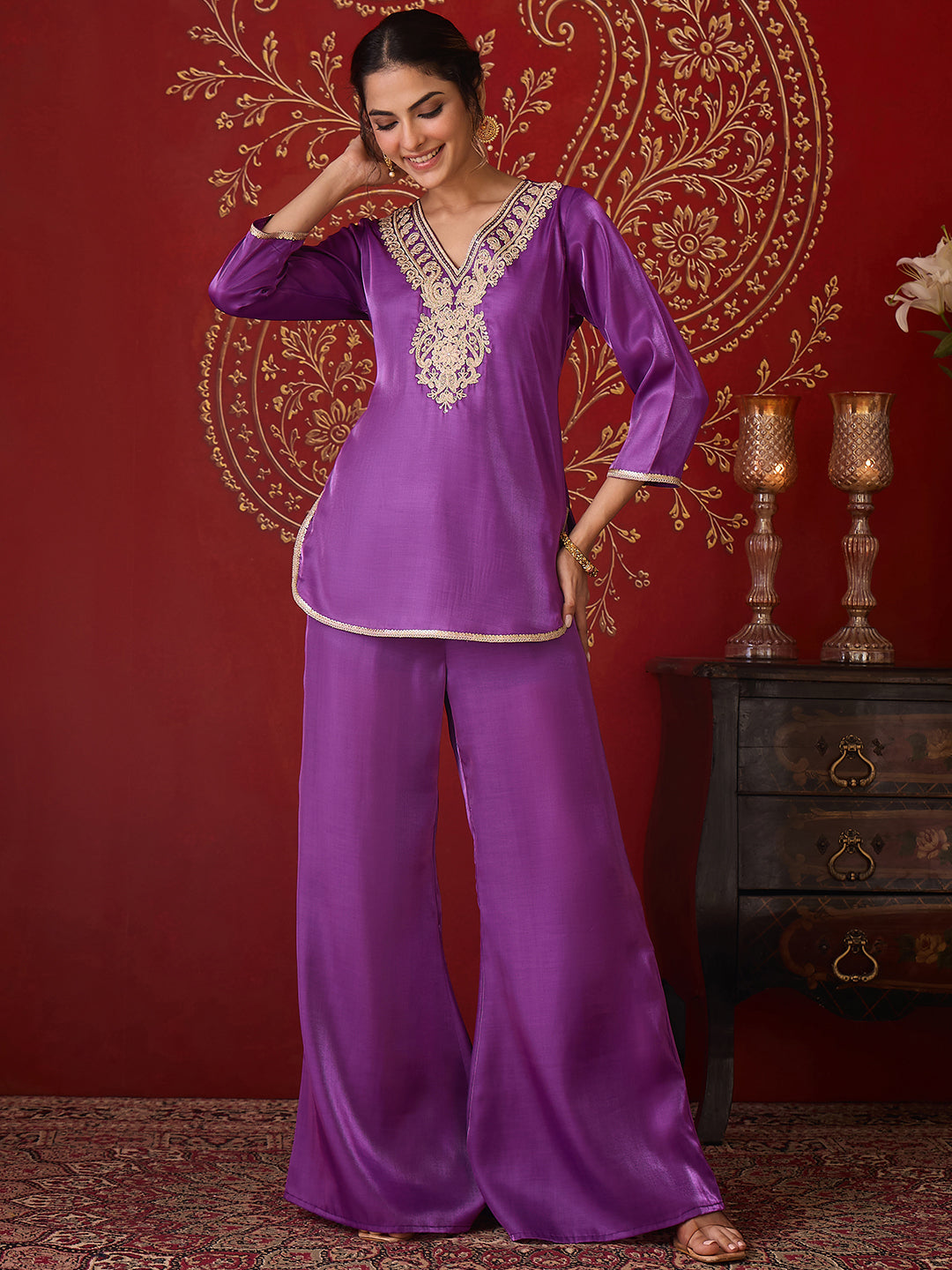 Janasya Women's Purple Silk Blend Yoke Embroidered Straight Co-Ord Set