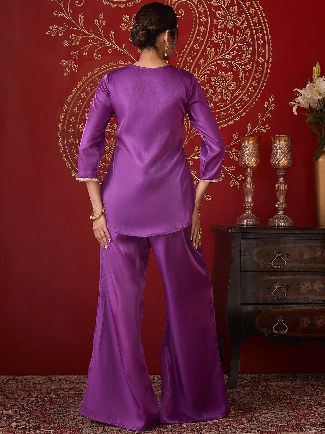 Janasya Women's Purple Silk Blend Yoke Embroidered Straight Co-Ord Set