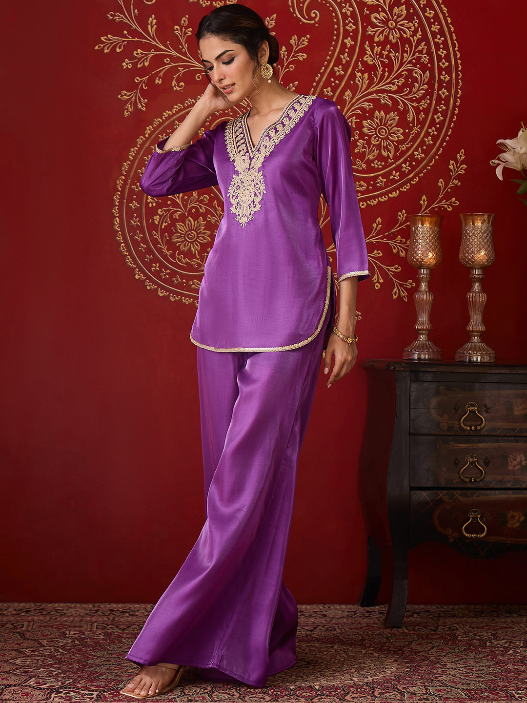 Janasya Women's Purple Silk Blend Yoke Embroidered Straight Co-Ord Set