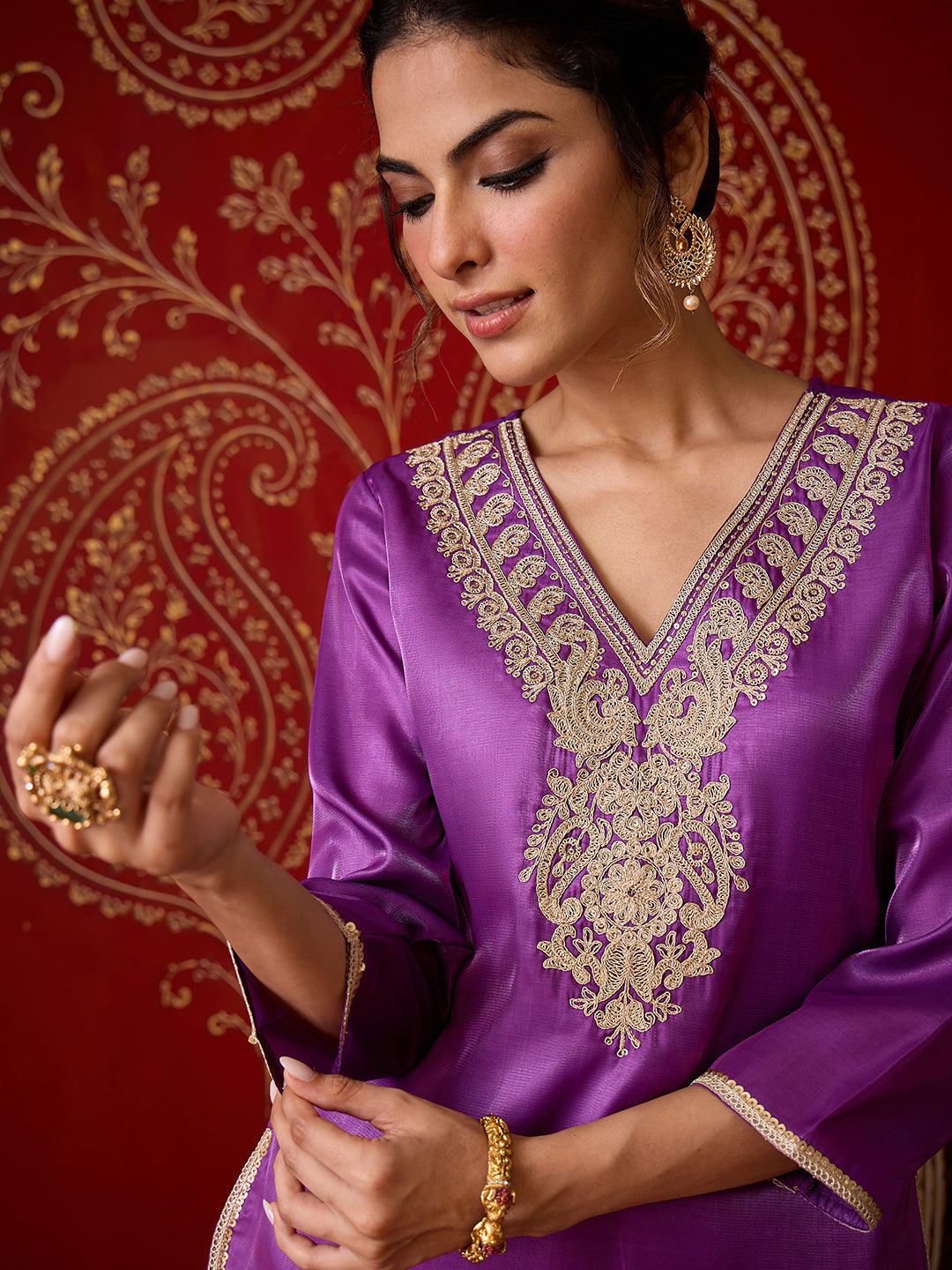 Janasya Women's Purple Silk Blend Yoke Embroidered Straight Co-Ord Set