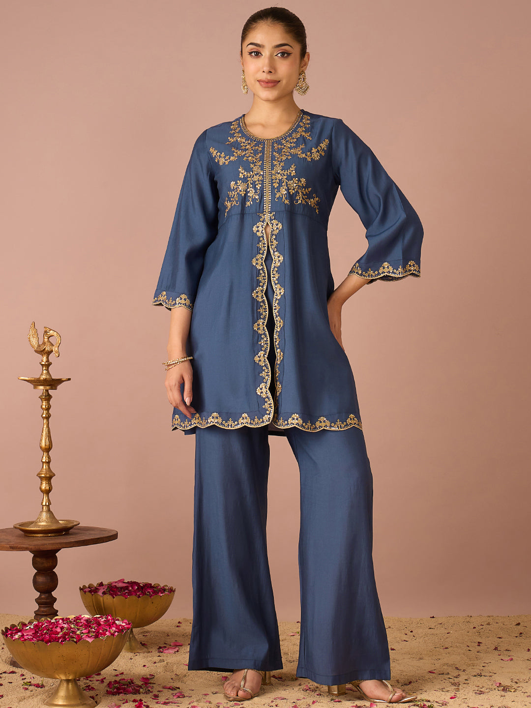 Janasya Women's Navy Blue Chanderi Silk Floral Sequins And Zari Embroidered A-Line Front High Slit Co-Ord Set
