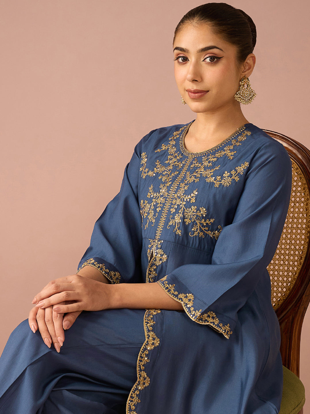 Janasya Women's Navy Blue Chanderi Silk Floral Sequins And Zari Embroidered A-Line Front High Slit Co-Ord Set
