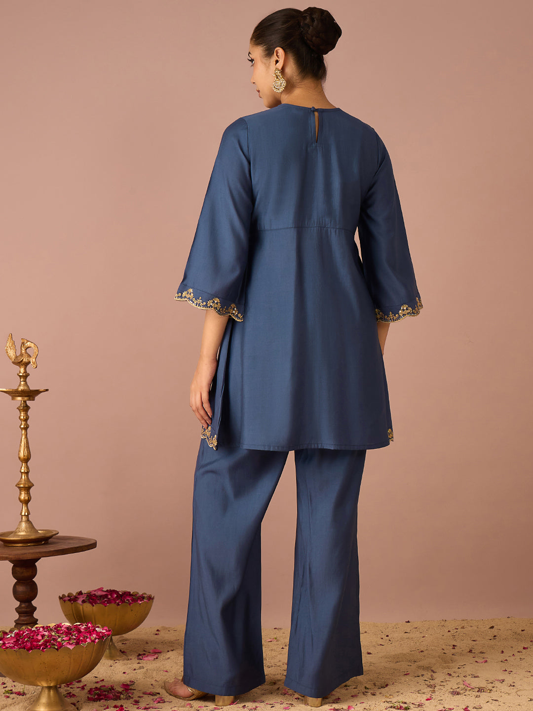 Janasya Women's Navy Blue Chanderi Silk Floral Sequins And Zari Embroidered A-Line Front High Slit Co-Ord Set