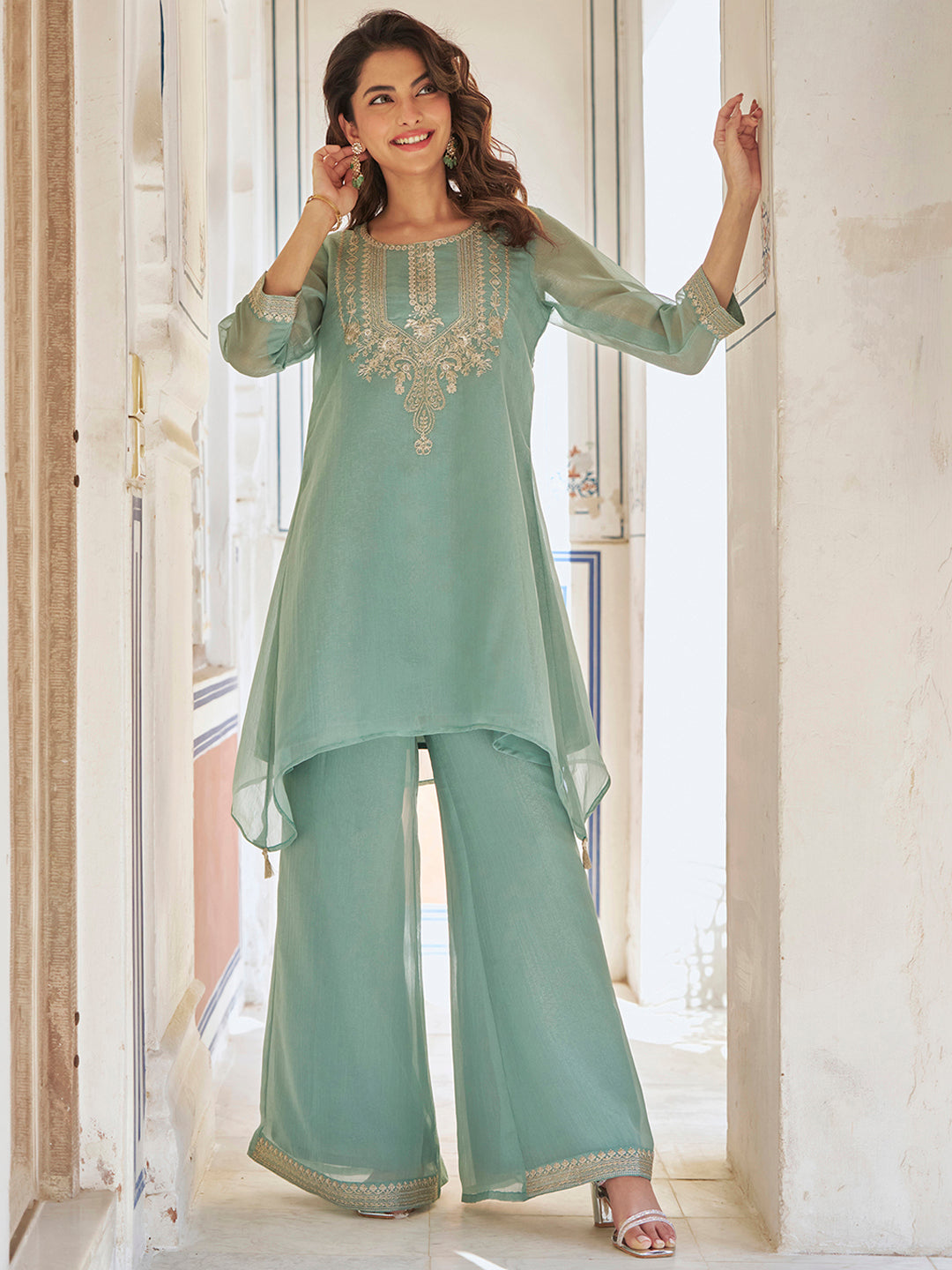 Janasya Women's Sea Green Silk Blend Zari Yoke Embroidered A-Line Co-Ord Set