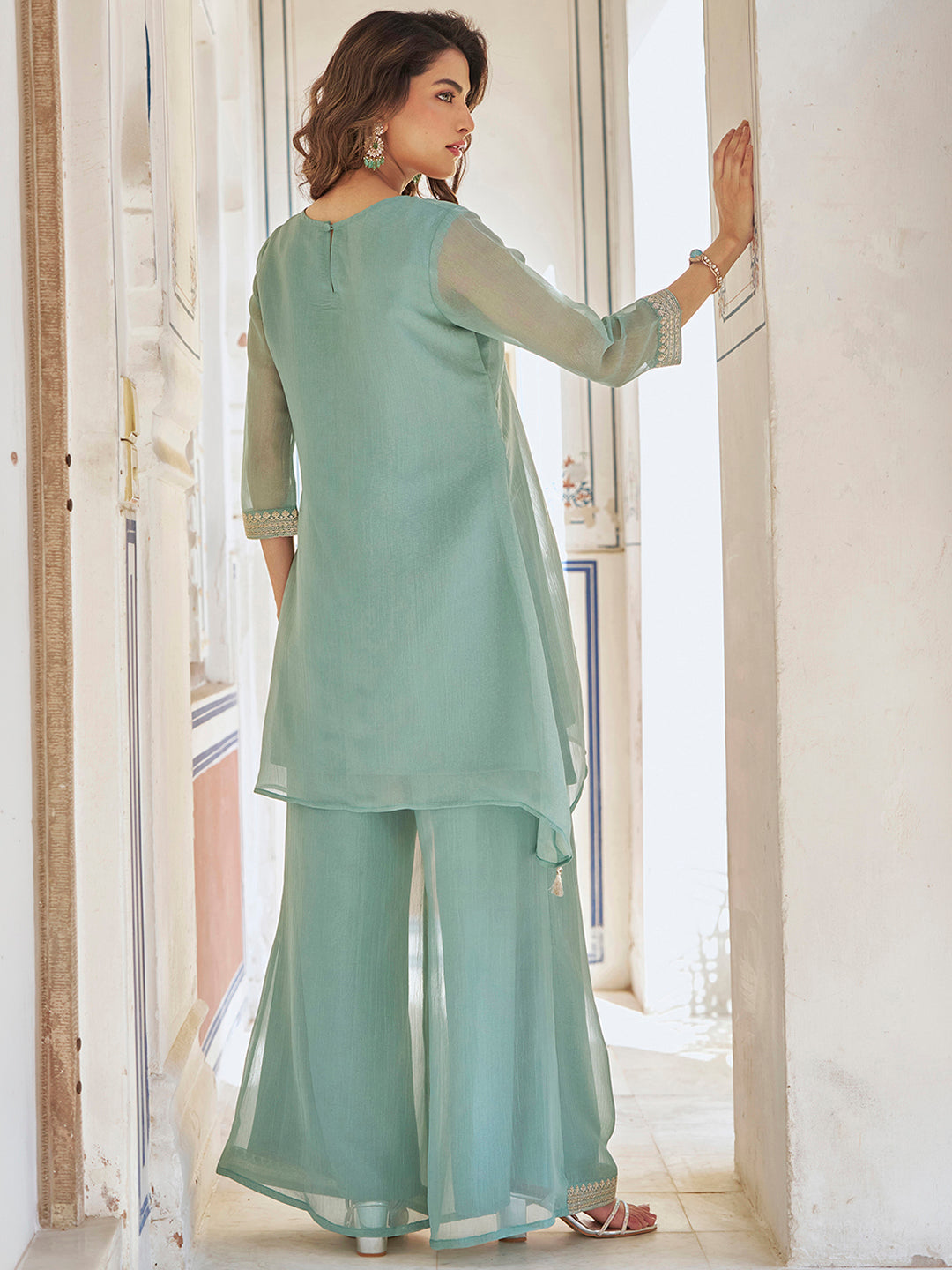Janasya Women's Sea Green Silk Blend Zari Yoke Embroidered A-Line Co-Ord Set