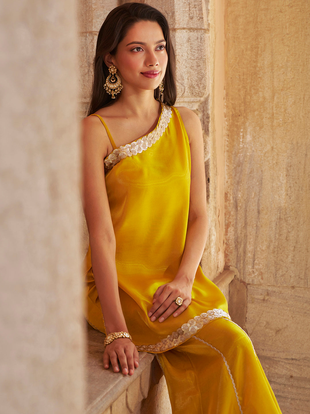 Janasya Women's Yellow Silk Blend Sequins Embellished One-Shoulder Kurta with Flared Pants