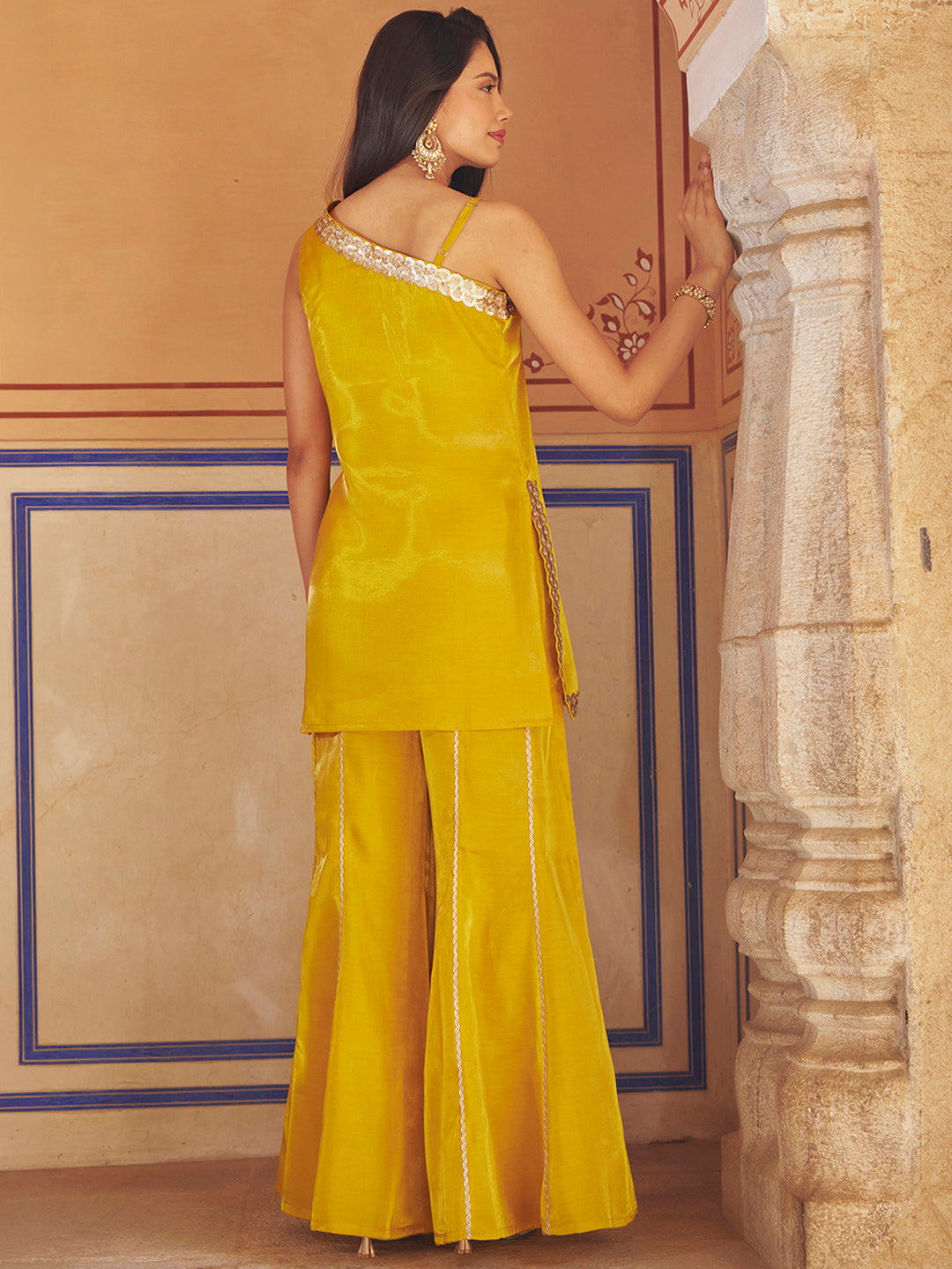 Janasya Women's Yellow Silk Blend Sequins Embellished One-Shoulder Kurta with Flared Pants