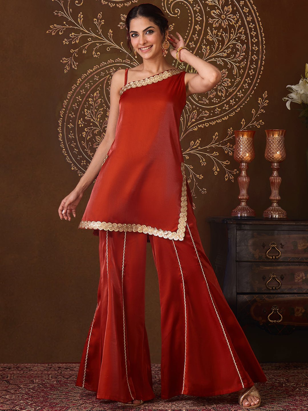 Janasya Women's Rust Silk Blend Sequins Embellished One-Shoulder Kurta with Flared Pants
