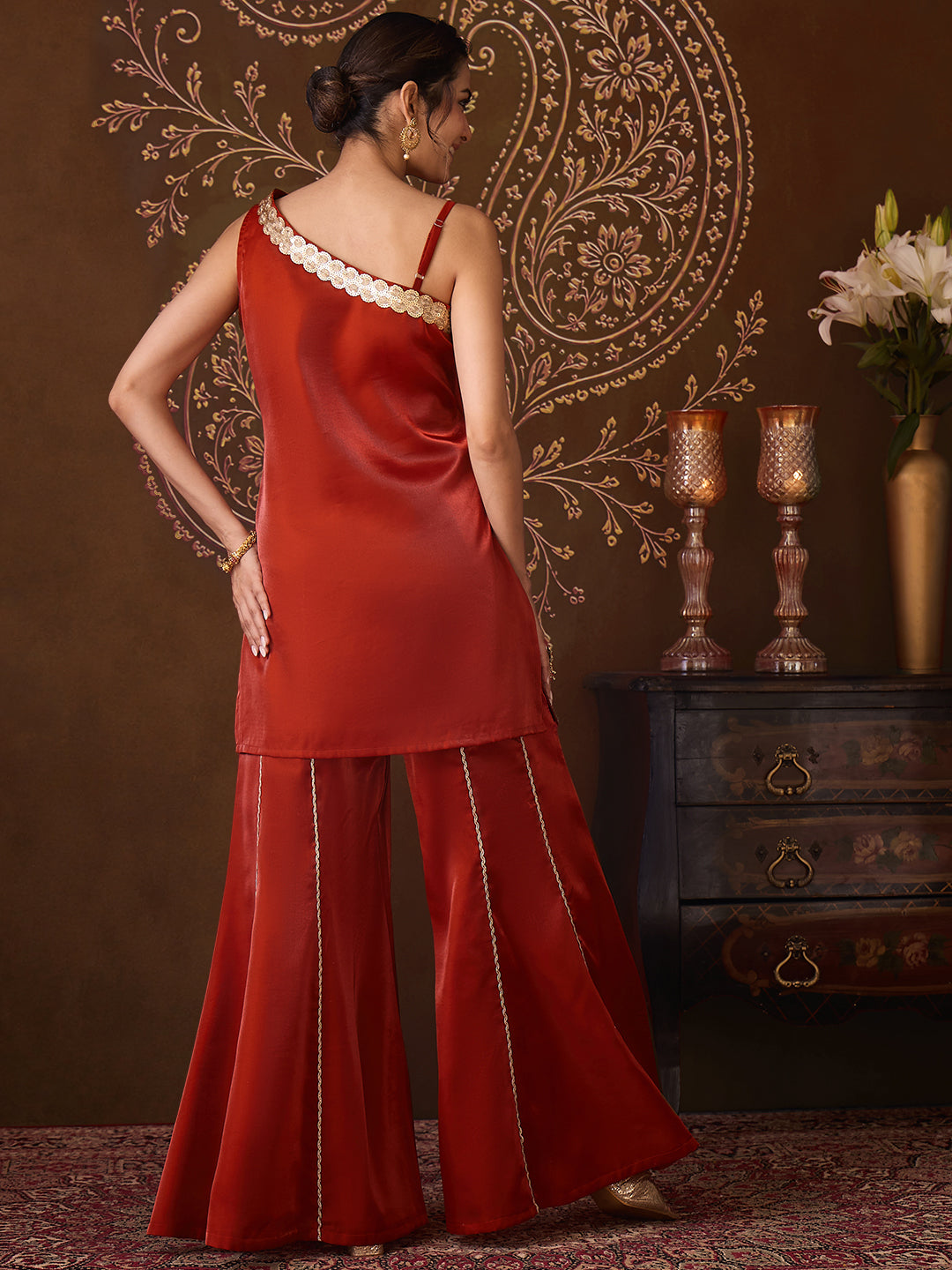 Janasya Women's Rust Silk Blend Sequins Embellished One-Shoulder Kurta with Flared Pants