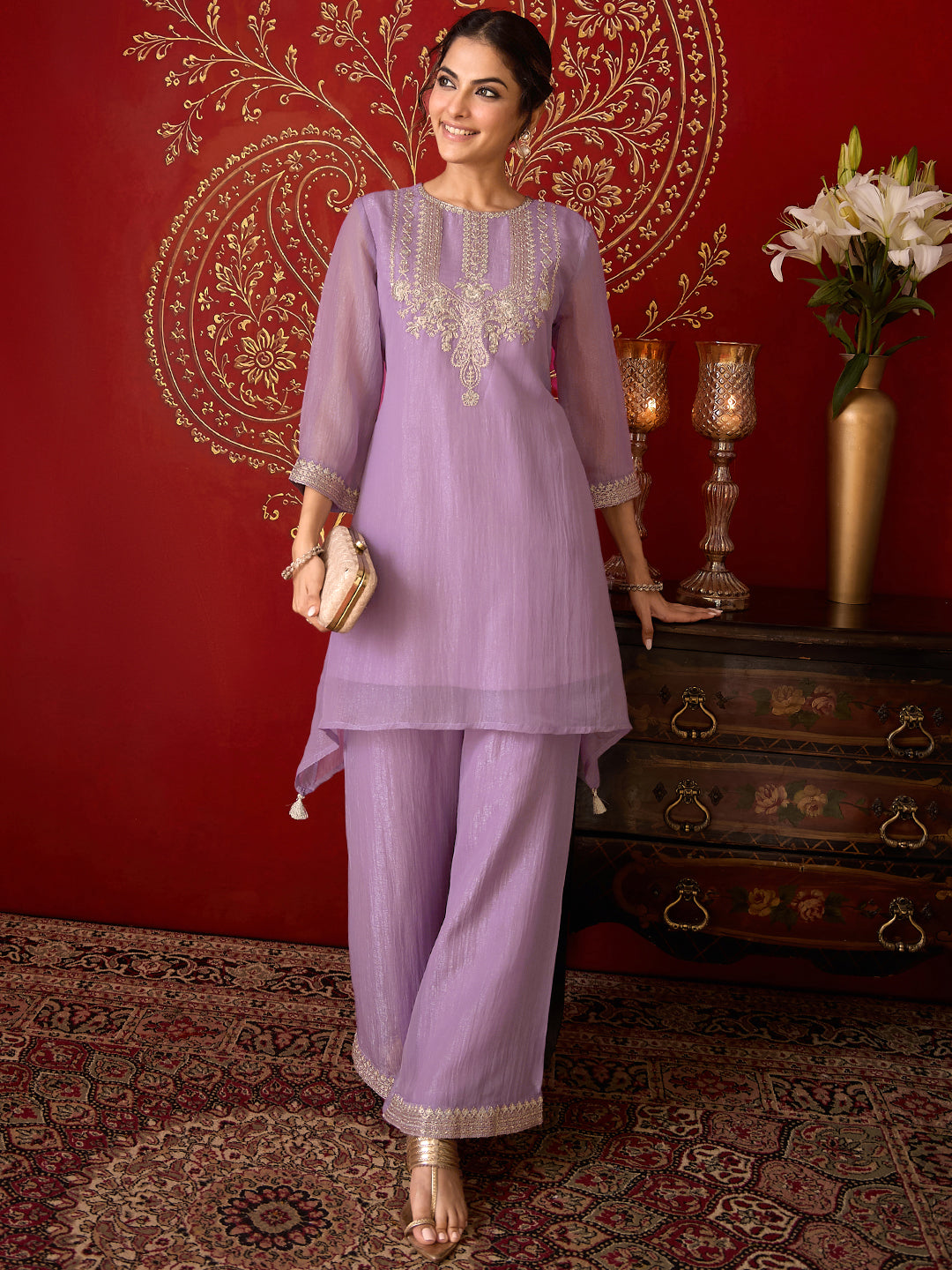 Janasya Women's Lavender Silk Blend Zari Yoke Embroidered A-Line Co-Ord Set