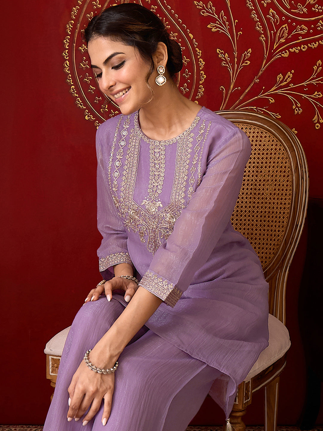 Janasya Women's Lavender Silk Blend Zari Yoke Embroidered A-Line Co-Ord Set