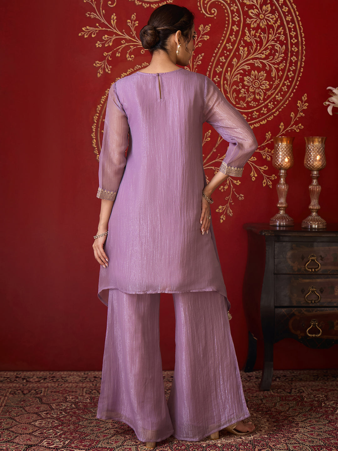 Janasya Women's Lavender Silk Blend Zari Yoke Embroidered A-Line Co-Ord Set