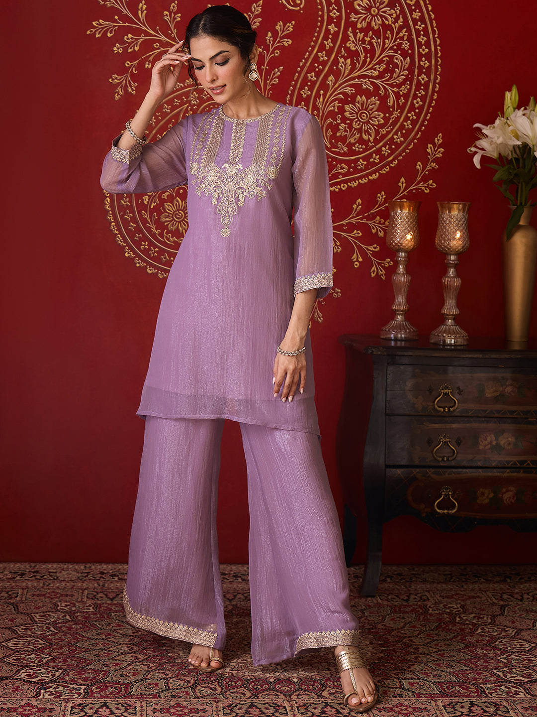 Janasya Women's Lavender Silk Blend Zari Yoke Embroidered A-Line Co-Ord Set