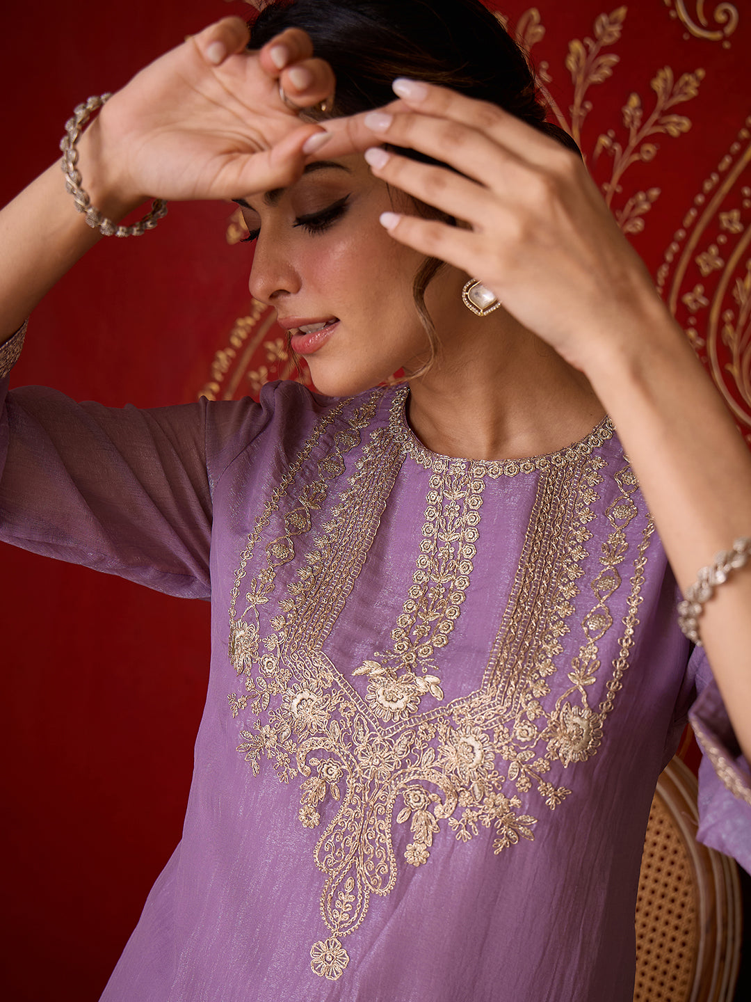 Janasya Women's Lavender Silk Blend Zari Yoke Embroidered A-Line Co-Ord Set