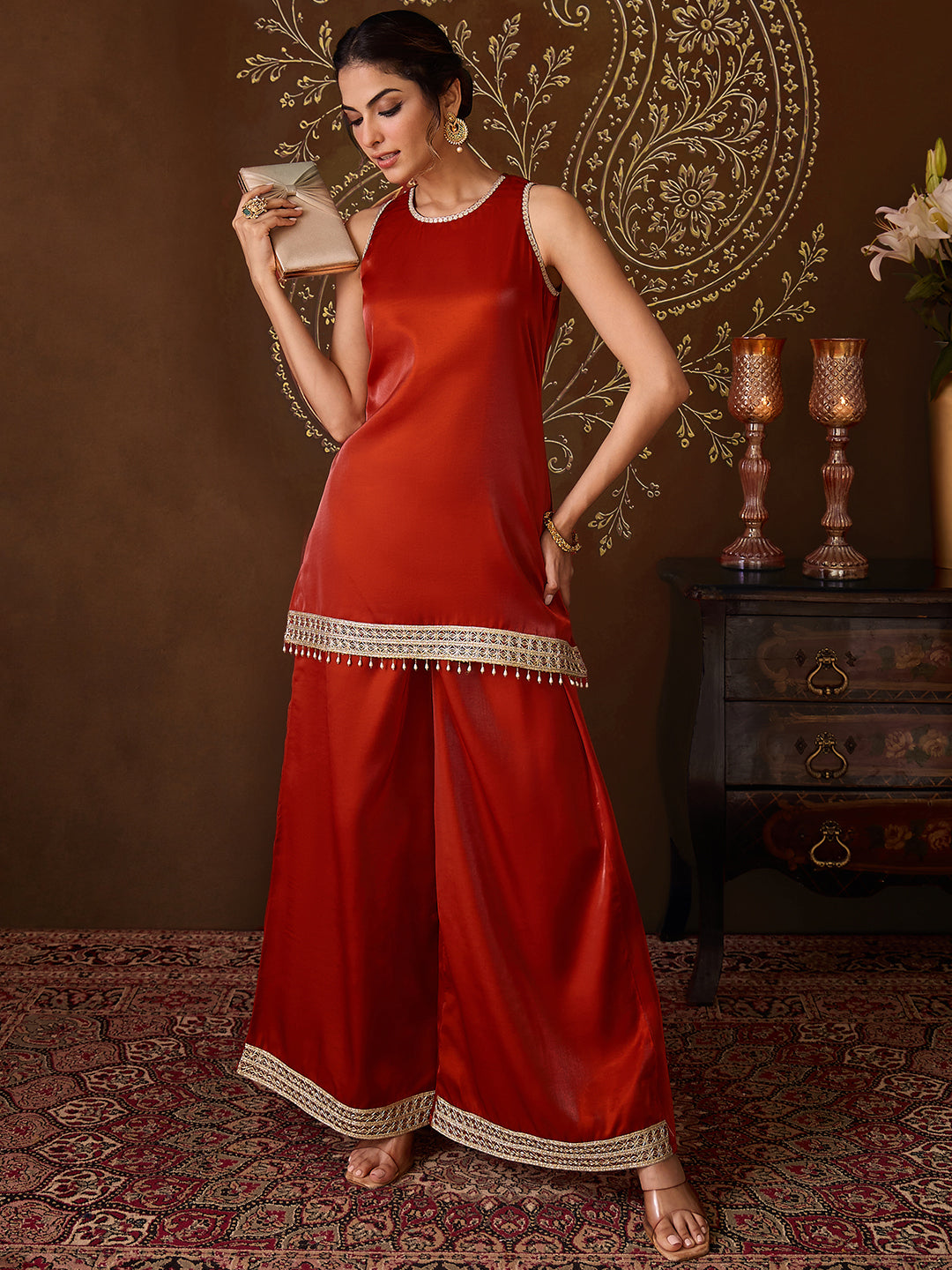 Janasya Women's Rust Silk Blend Zari Embroidered Straight Kurta Co-Ord Set