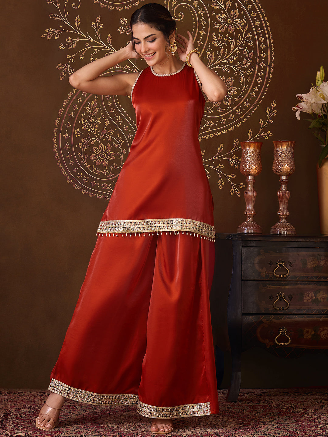 Janasya Women's Rust Silk Blend Zari Embroidered Straight Kurta Co-Ord Set
