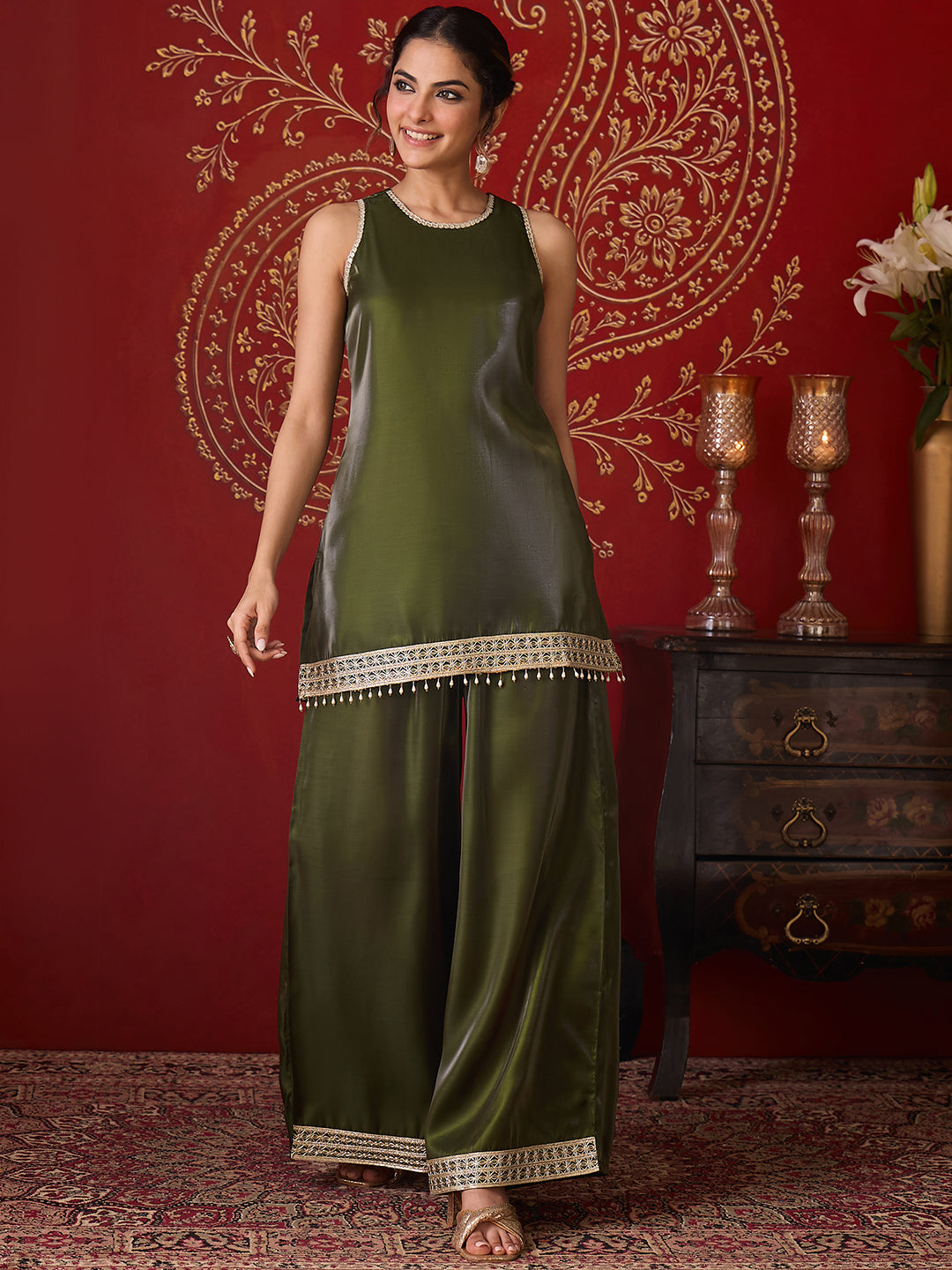 Janasya Women's Olive Green Silk Blend Embellished Straight Co-Ord Set