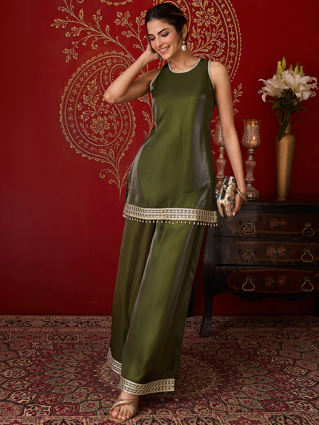 Janasya Women's Olive Green Silk Blend Embellished Straight Co-Ord Set