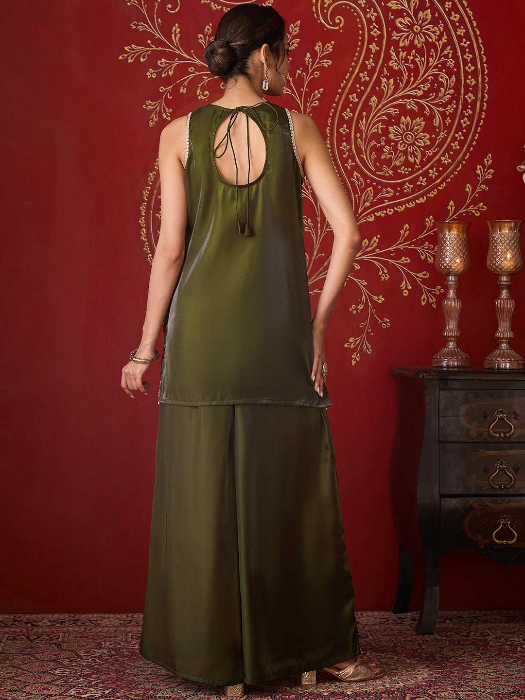Janasya Women's Olive Green Silk Blend Embellished Straight Co-Ord Set