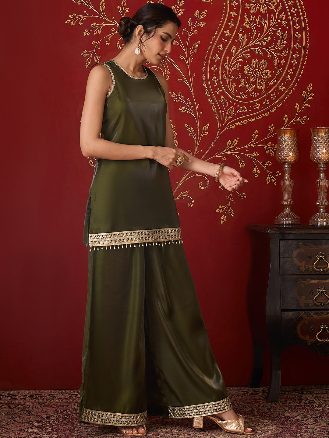 Janasya Women's Olive Green Silk Blend Embellished Straight Co-Ord Set