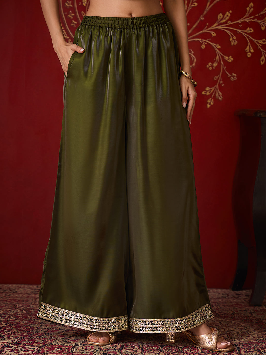 Janasya Women's Olive Green Silk Blend Embellished Straight Co-Ord Set
