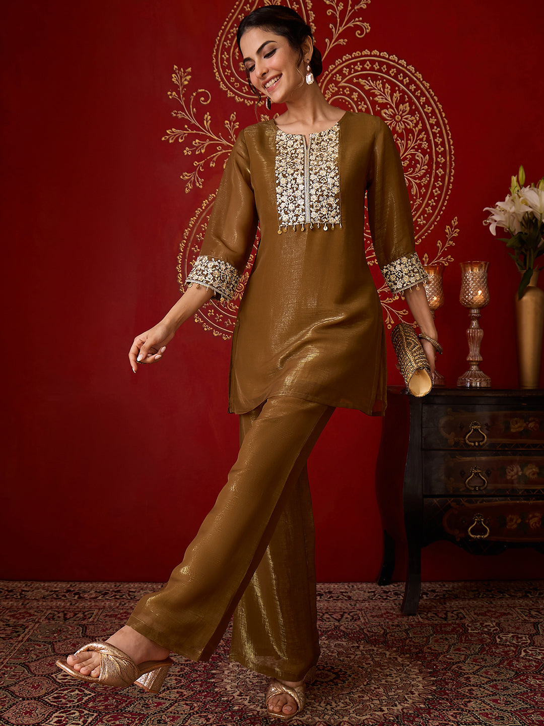 Janasya Women's Metallic Gold Tissue Silk Yoke Embroidered Straight Co-Ord Set