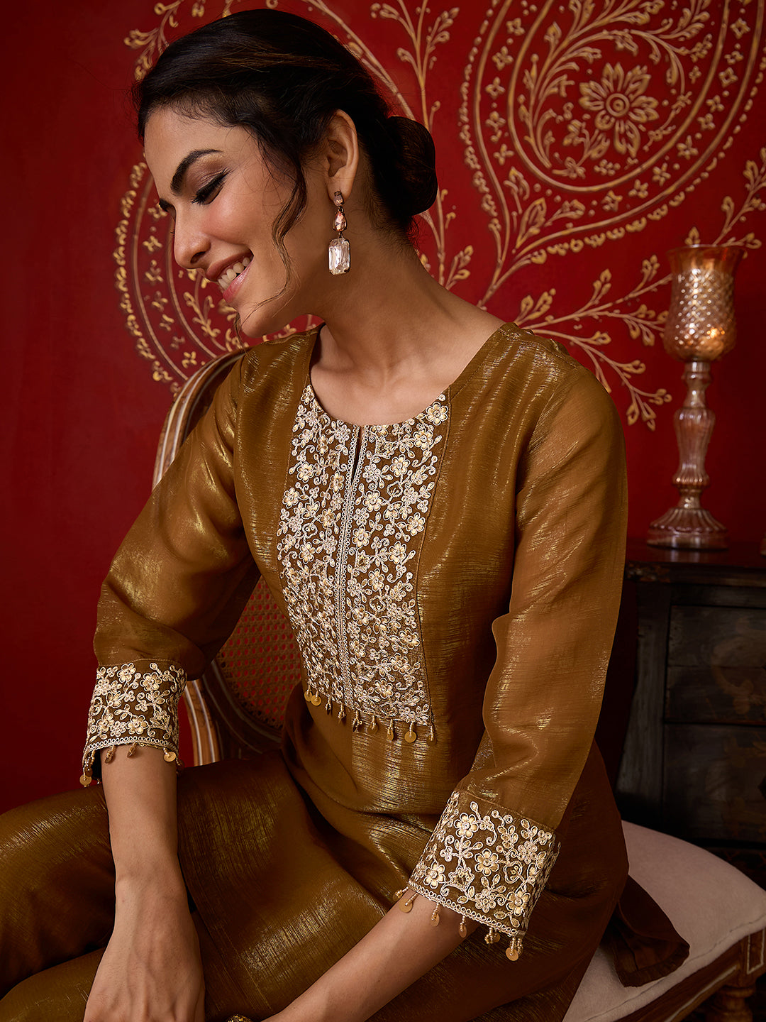 Janasya Women's Metallic Gold Tissue Silk Yoke Embroidered Straight Co-Ord Set