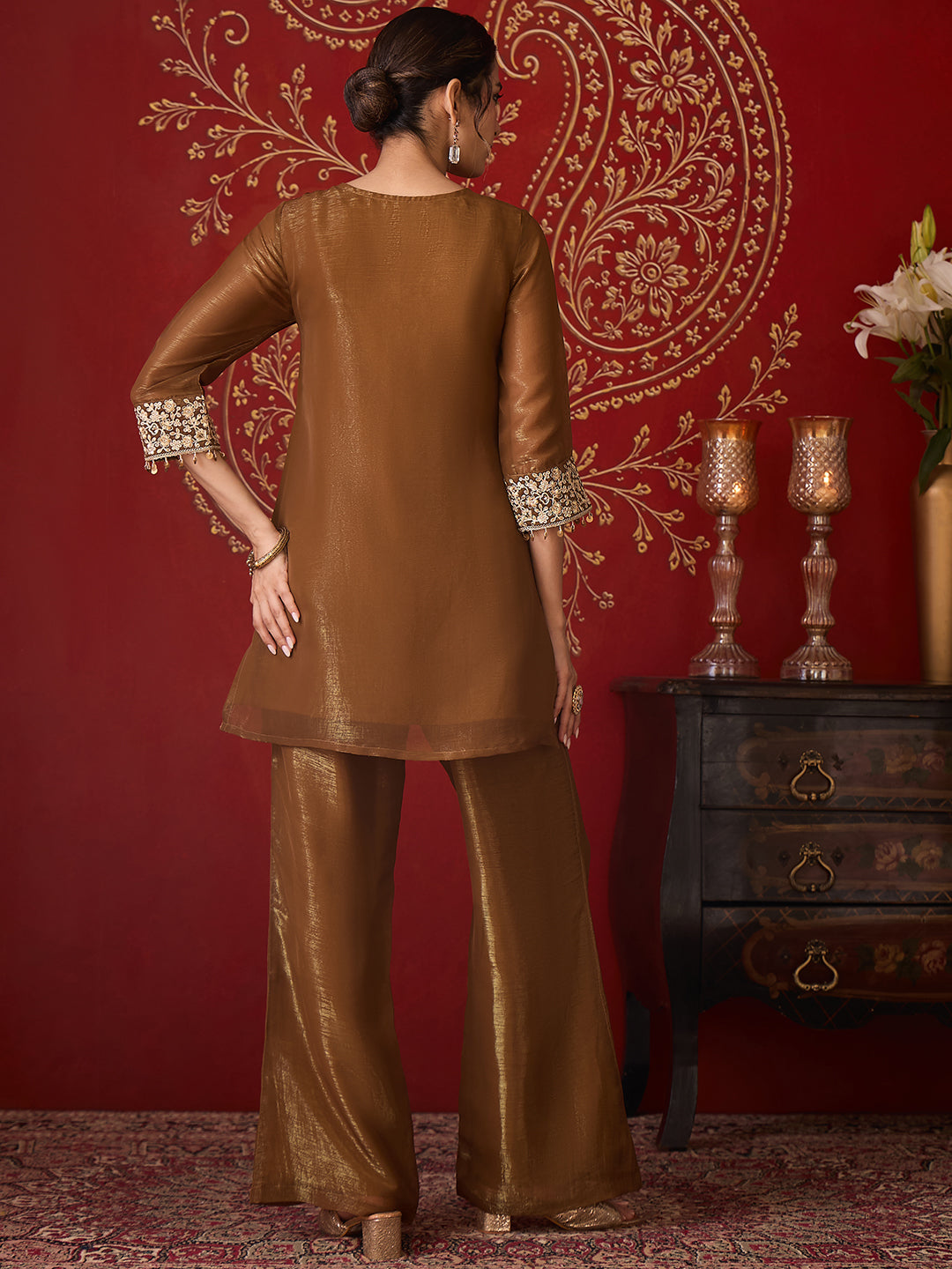 Janasya Women's Metallic Gold Tissue Silk Yoke Embroidered Straight Co-Ord Set