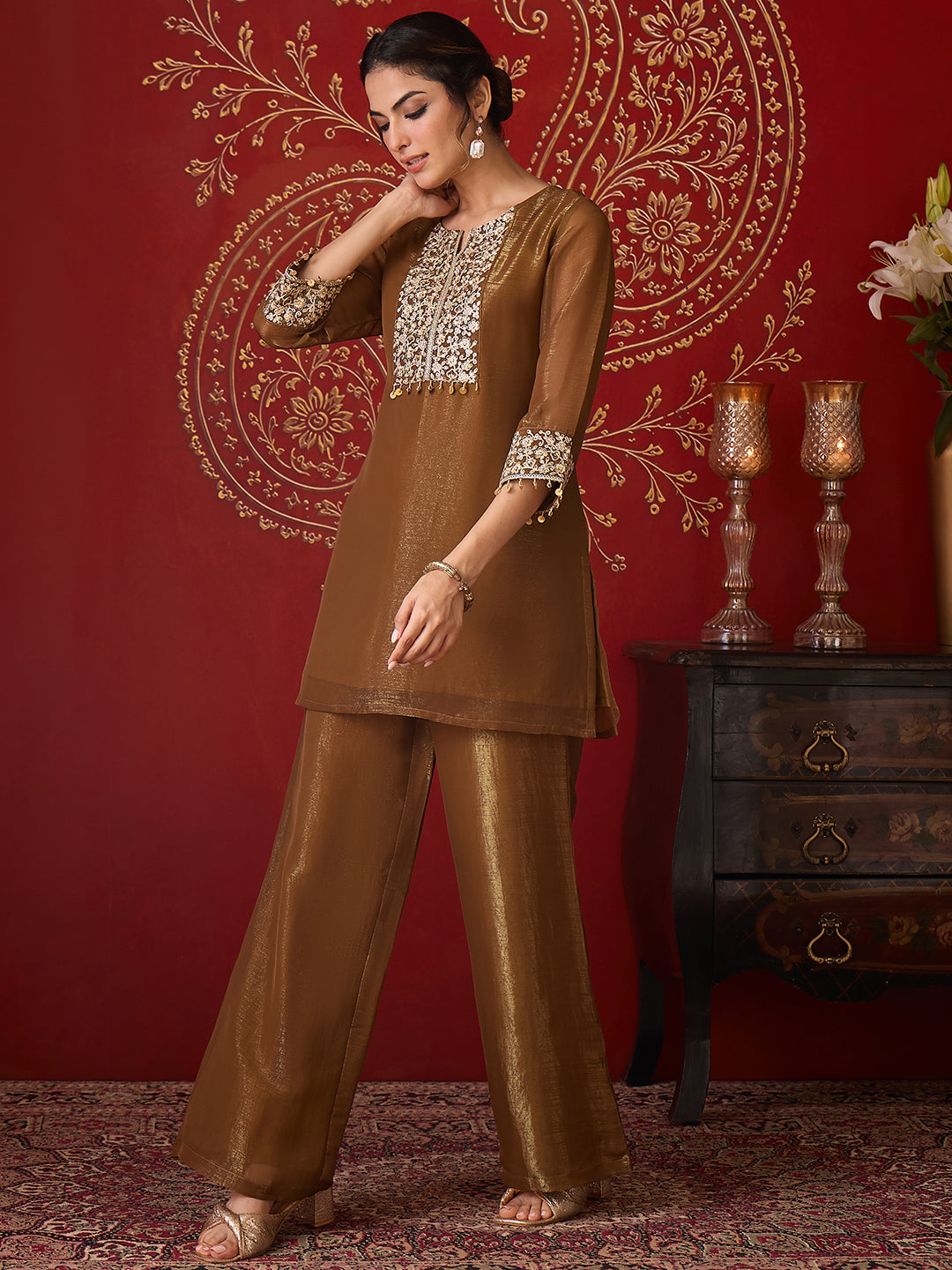 Janasya Women's Metallic Gold Tissue Silk Yoke Embroidered Straight Co-Ord Set