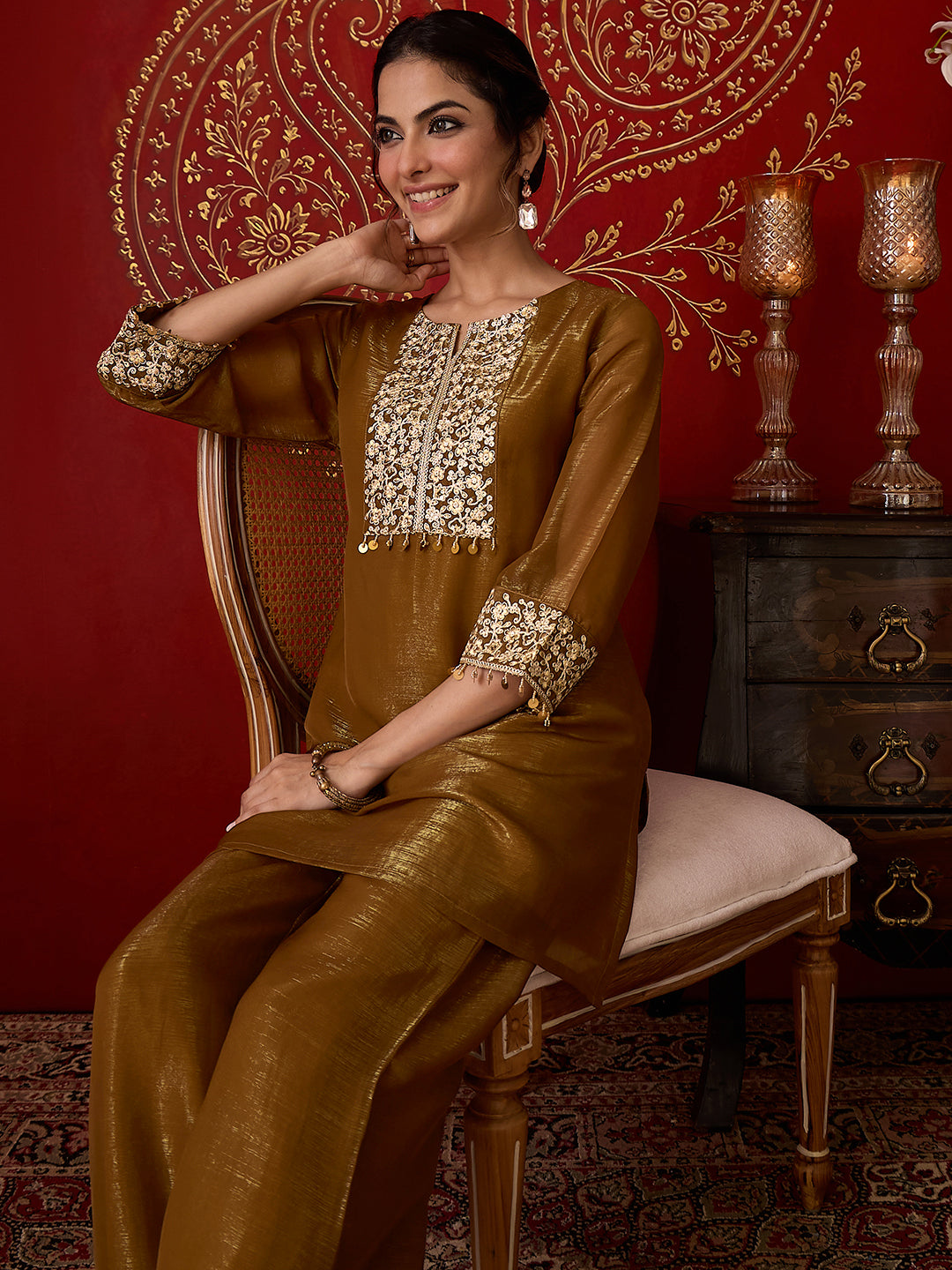 Janasya Women's Metallic Gold Tissue Silk Yoke Embroidered Straight Co-Ord Set