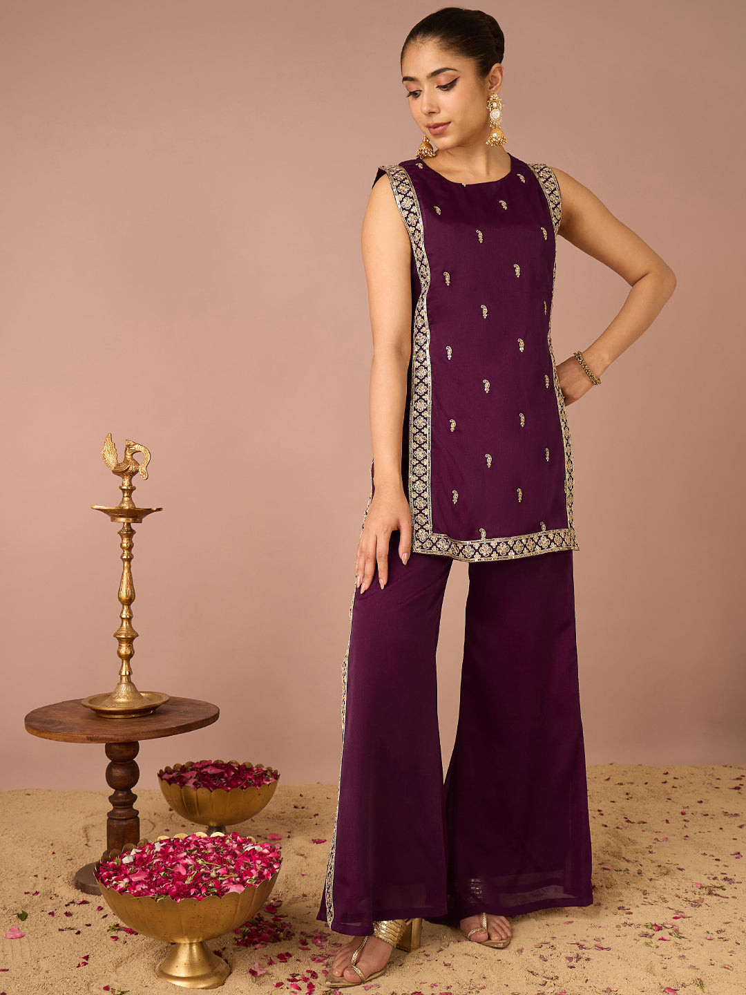 Janasya Women's Wine Georgette Sequins Zari Embroidered Straight Co-Ord Set