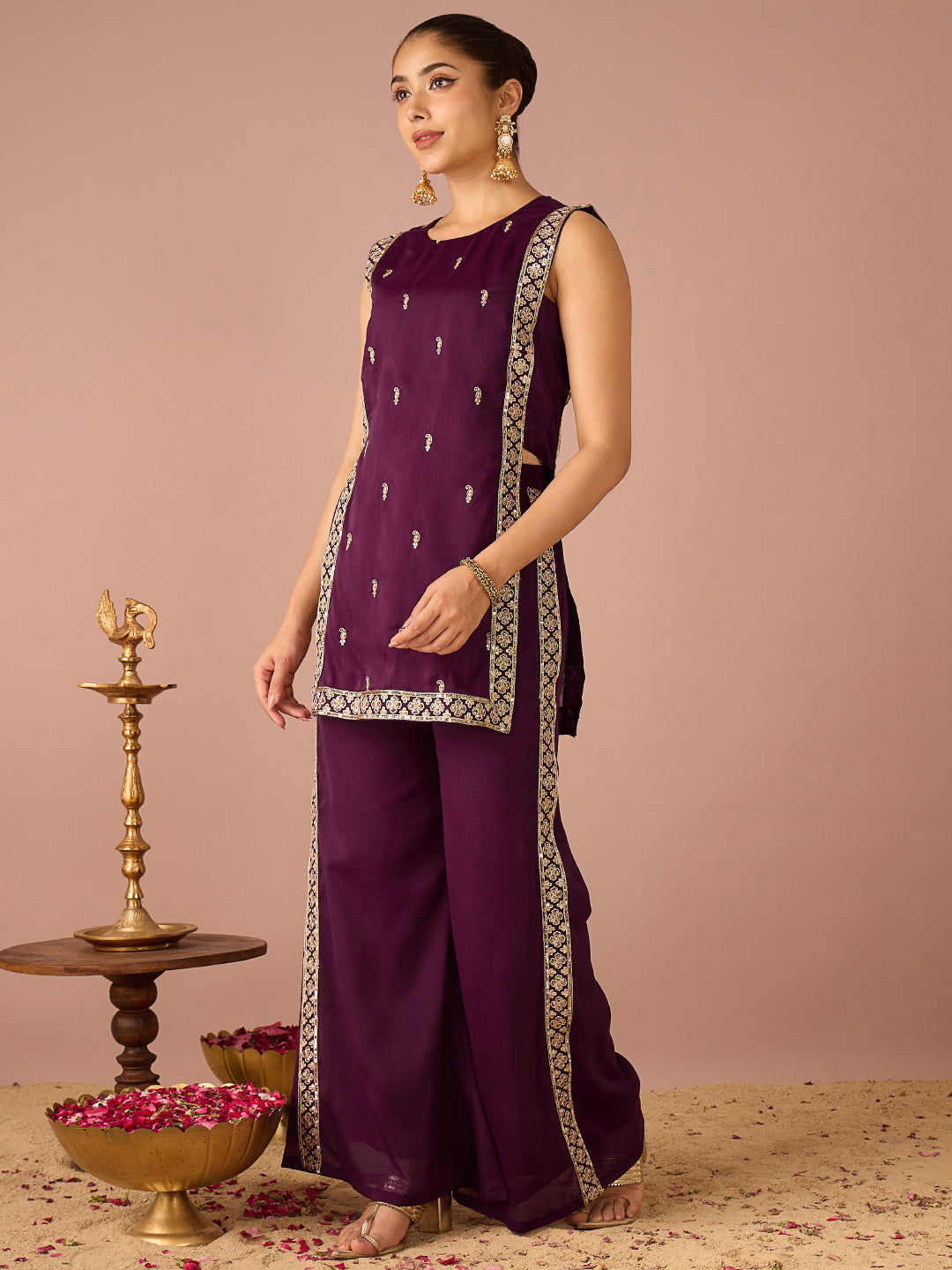 Janasya Women's Wine Georgette Sequins Zari Embroidered Straight Co-Ord Set