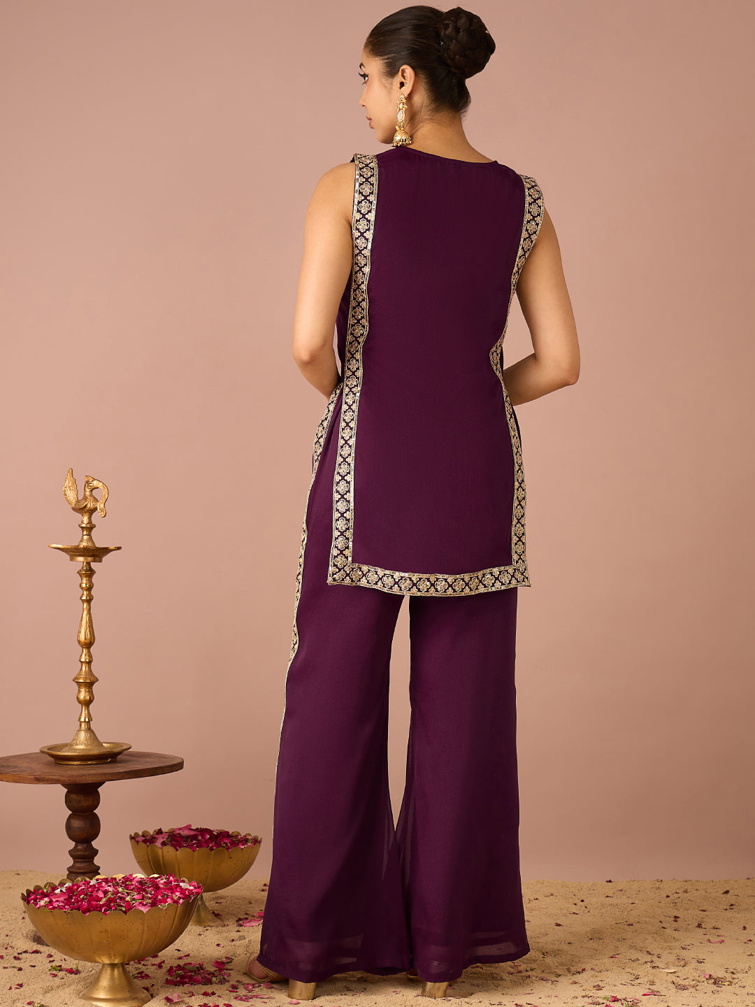 Janasya Women's Wine Georgette Sequins Zari Embroidered Straight Co-Ord Set