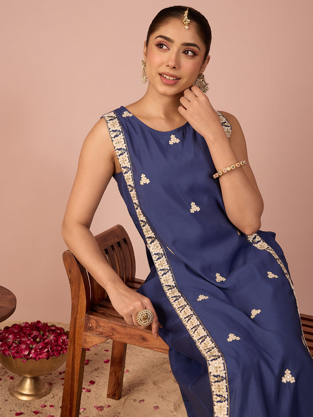 Janasya Women's Navy Blue Chanderi Silk Floral Sequins And Zari Embroidered Straight Kurta Pant Set