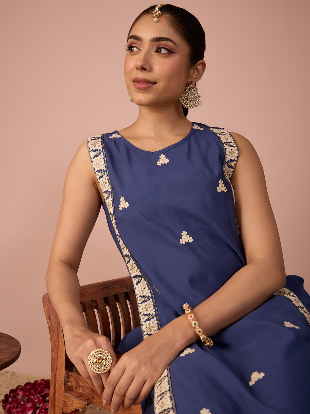 Janasya Women's Navy Blue Chanderi Silk Floral Sequins And Zari Embroidered Straight Kurta Pant Set
