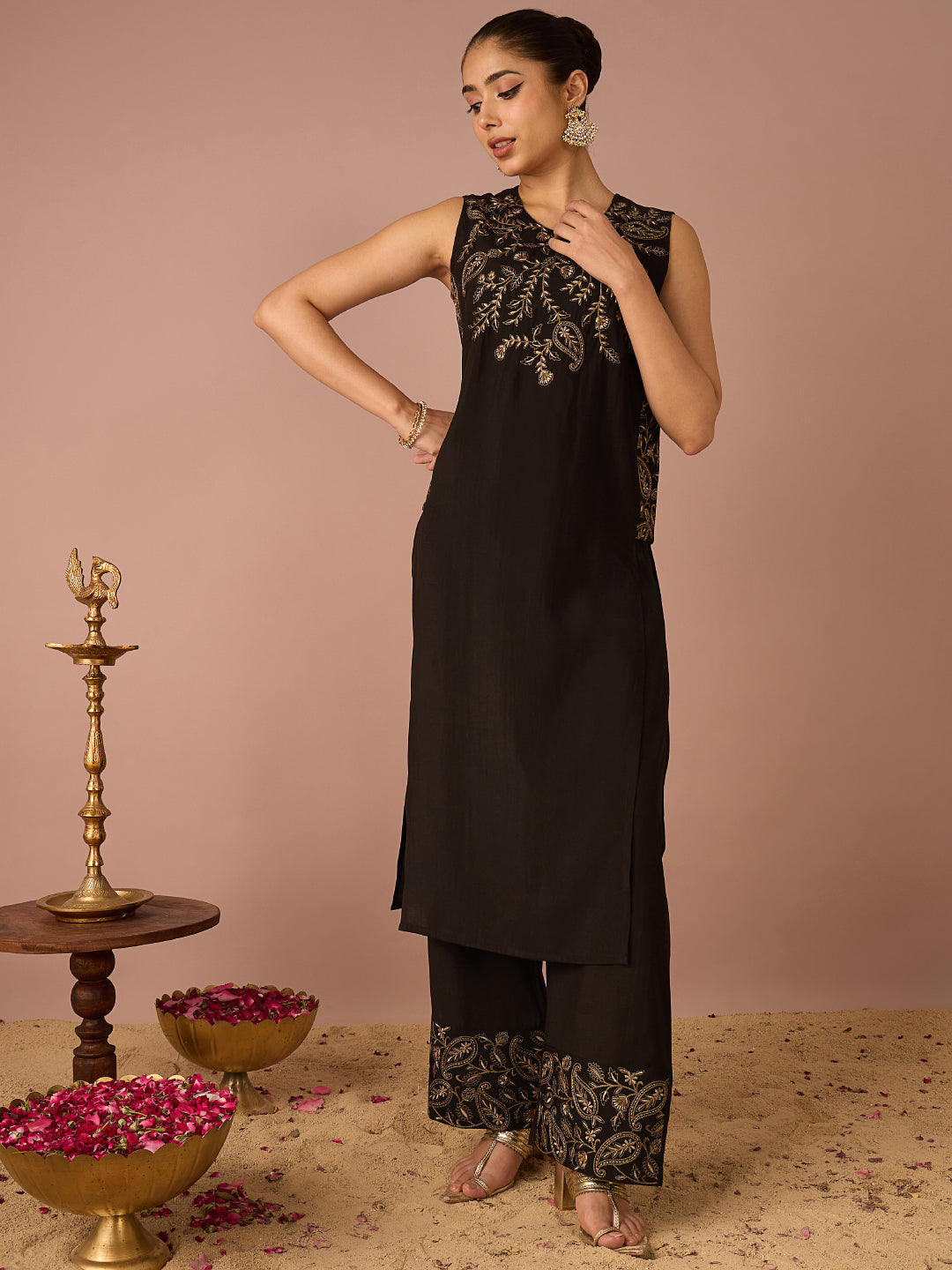 Janasya Women's Black Chanderi Silk Floral Yoke Embroidered Straight Kurta Pant Set
