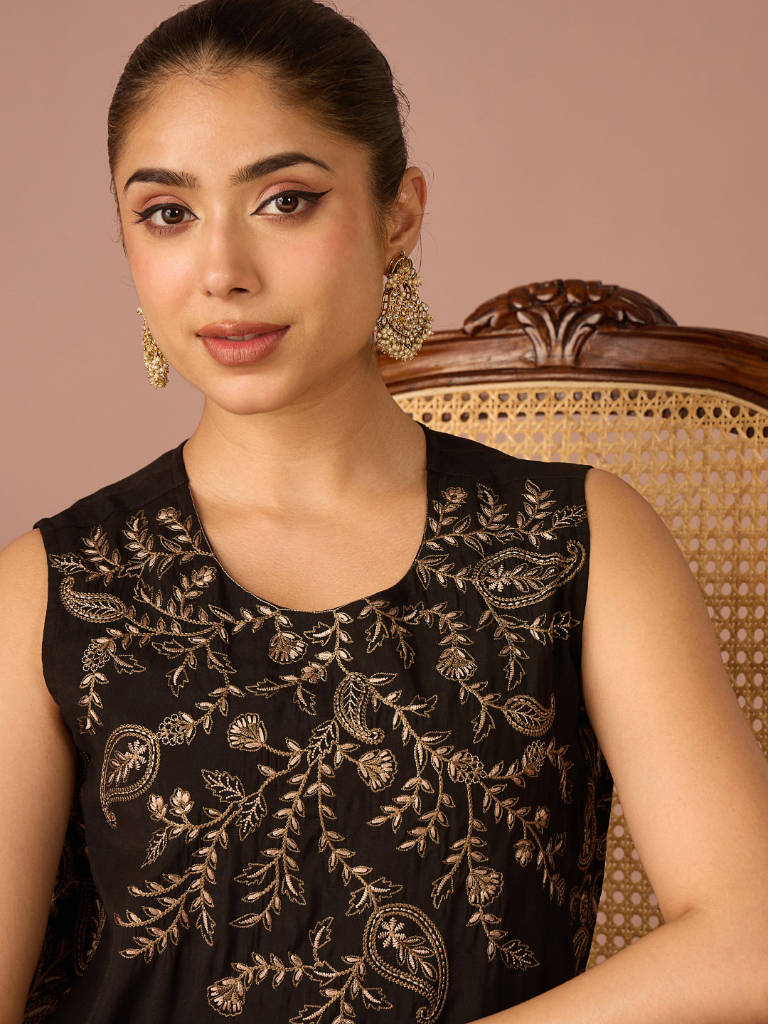 Janasya Women's Black Chanderi Silk Floral Yoke Embroidered Straight Kurta Pant Set